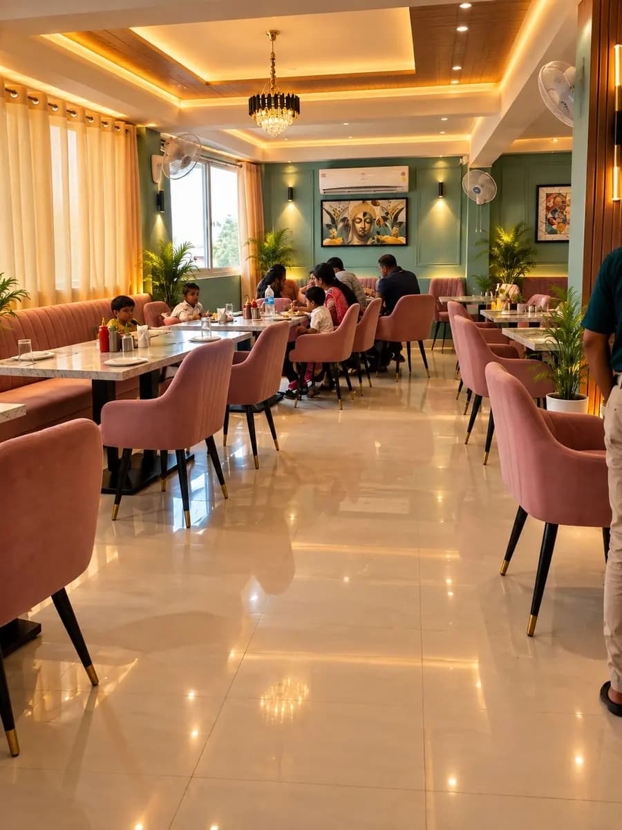 Dining hall of Rajwadi Rasoi restaurant inside Hotel Krishn Residency in Rehla