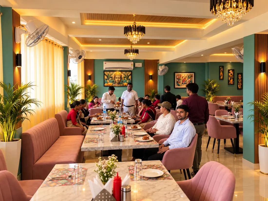 Guests dining at Rajwadi Rasoi restaurant inside Hotel Krishn Residency in Rehla